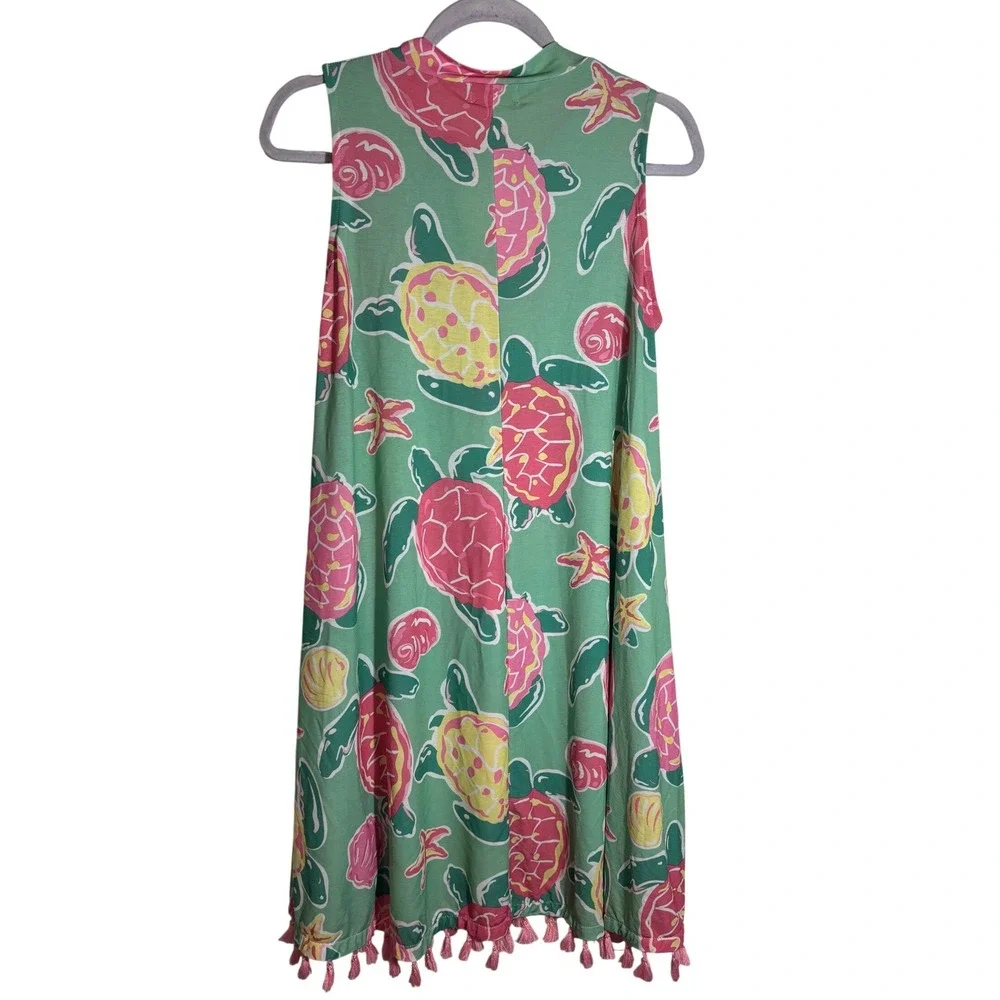 Simply Southern Sea Turtle Topsail Print Sleeveless Keyhole Tassel Hem Dress Med